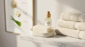 Graphic of a moisturizing gentle soap bar ideal for daily shower use on allergy-prone skin.
