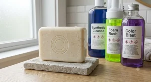 Illustration comparing a gentle dermatologist-recommended bar soap against harsh synthetic body washes.