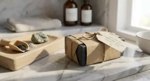 Handcrafted charcoal and clay facial soap bar wrapped in sustainable eco-friendly packaging.