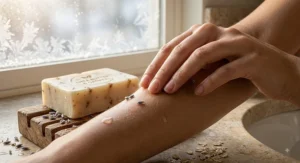 Illustration showing smooth, deeply hydrated skin results after using shea butter bar soap for dry winter skin