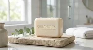Illustration showing a hydrating dermatologist-recommended bar soap enriched with moisture-locking ceramides.