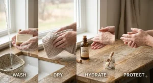 Step-by-step daily hand care routine showing proper hand washing using a hydrating cream soap bar.
