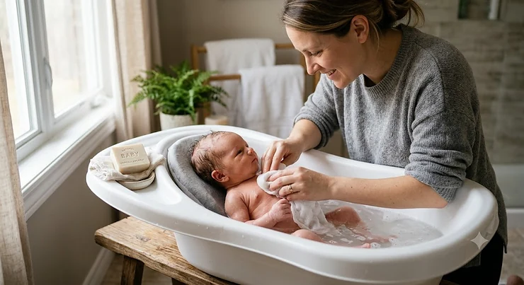 Mother gently washing her newborn baby in a bath tub using a natural hypoallergenic bar soap.