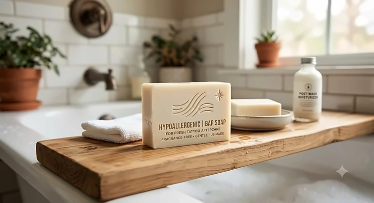 Unscented hypoallergenic bar soap designed for fresh tattoo aftercare on a bath tray