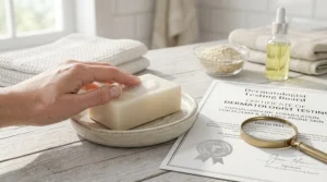 Illustration showing a dermatologist-tested hypoallergenic bar soap formulated for allergy-prone skin.