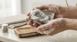 Close-up of rich lather from a dermatologist-tested bentonite clay soap bar for acne-prone oily skin.