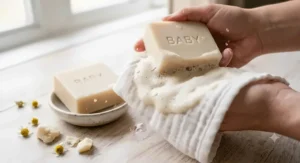 Rich creamy lather from a hypoallergenic bar soap on a soft cotton washcloth for safe baby cleansing.