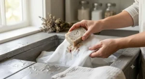 Rubbing a multi purpose soap bar onto a collar stain for hand-washing delicate clothes