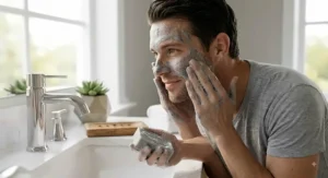 Man applying lather from a mattifying facial bar soap during his daily morning skincare routine