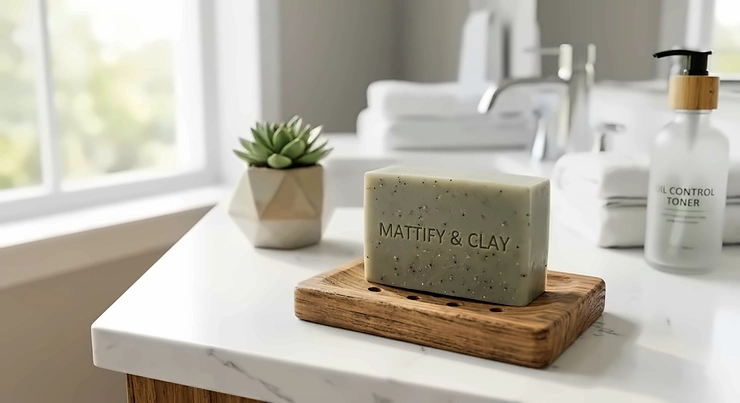 Natural mattifying bar soap for oily face sitting on a wooden soap dish in a modern bathroom