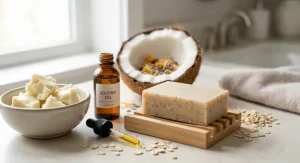 Natural nourishing ingredients like shea butter and jojoba oil beside a bar soap for dry skin in older adults.