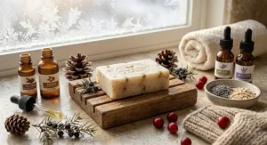 Nourishing shea butter bar soap surrounded by cozy winter elements and moisturizing essential oils