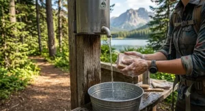 Backpacker lathering hands with a multi-use camping bar soap at an outdoor trail wash station