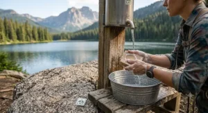 Camper rinsing off using a natural all-purpose camp soap bar 200 feet away from a mountain lake