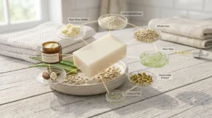 Illustration detailing clean, non-irritating ingredients in a gentle bar soap for eczema care.