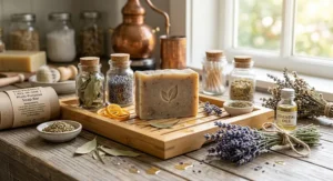 Plant-based multi purpose soap bar surrounded by organic botanical ingredients and essential oils