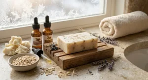 Natural plant ingredients including shea butter, jojoba oil, and oats in a hydrating bar soap