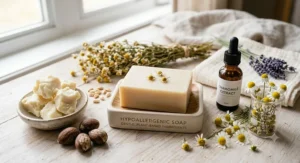 Hypoallergenic bar soap for infants crafted with gentle plant-based ingredients like shea butter and chamomile.