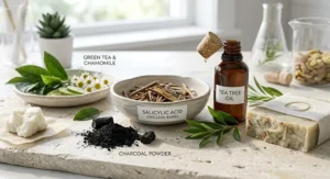 Natural ingredients including salicylic acid and tea tree oil used in oil-control bar soap for teens
