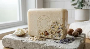 Illustration highlighting natural moisturizing ingredients inside a dermatologist-recommended bar soap.