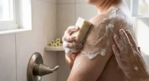 Nourishing gentle balancing bar soap being used as a moisturizing body wash.