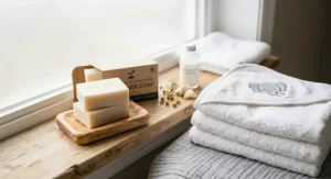 Stack of gentle hypoallergenic bar soap bars for newborns and infants alongside soft hooded baby towels.