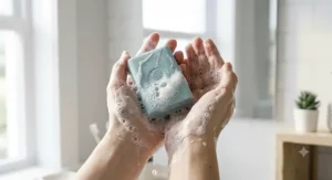 Foamy rich lather created by an oil-control bar soap designed for teen oily skin