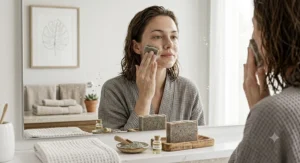 Woman incorporating an organic bentonite clay bar soap into her daily morning routine for oily skin.