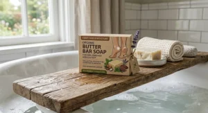 Eco-friendly box packaging for a butter-rich bar soap made for cracked heels and feet