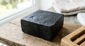 Close-up detail of an organic charcoal soap bar texture showing natural exfoliating specs for clogged pores.