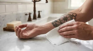 Patting a freshly washed tattoo dry with a clean paper towel after using hypoallergenic soap