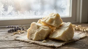 Illustration of raw unrefined shea butter chunks used in moisturizing winter bar soap