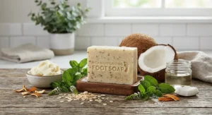 Natural ingredients like shea butter, coconut oil, and peppermint surrounding a rich foot soap bar