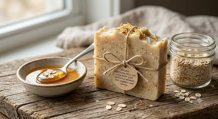 Natural sensitive skin bar soap made with soothing oatmeal and organic raw honey