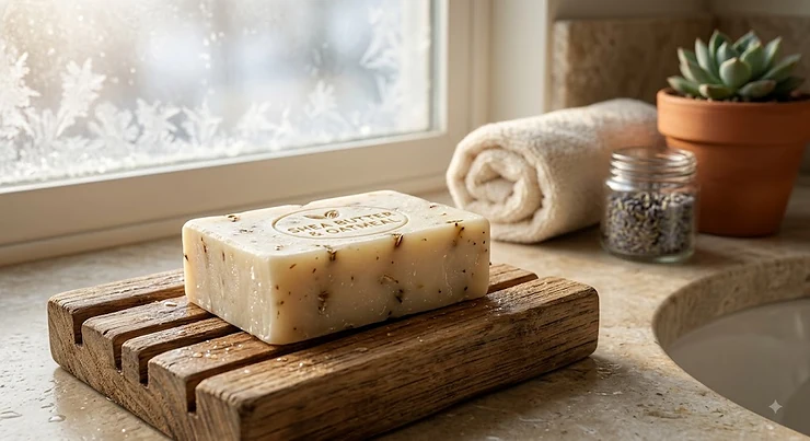 Organic shea butter bar soap placed on a wooden soap dish for dry winter skin hydration