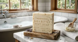 Nourishing shea butter foot soap bar designed to moisturize and soften dry cracked heels
