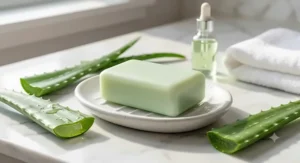 Soothing aloe vera sensitive skin bar soap displayed with fresh green aloe leaves