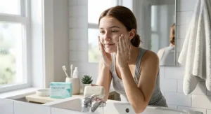 American teenager washing face with gentle lather from an oil-control bar soap in a bright bathroom