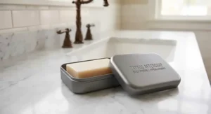 Compact hypoallergenic bar soap in a travel case for daily tattoo aftercare on the go