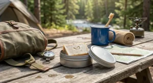 Compact multi purpose soap bar stored in a metal travel tin for camping and backpacking