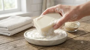 Vector illustration of an unscented gentle bar soap producing a creamy lather for eczema relief.