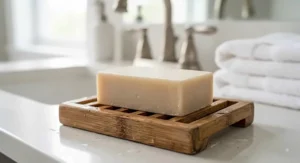 An unscented hypoallergenic bar soap for dry skin in older adults sitting on a wooden soap dish.