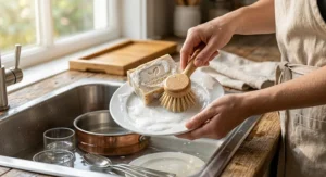 A person using a solid multi purpose soap bar with a wooden brush to wash kitchen dishes