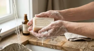 Person lathering dry hands with a rich, moisturizing cream bar soap under warm water.