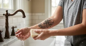 Person washing a new arm tattoo with gentle hypoallergenic bar soap and warm water