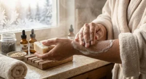Illustration of a gentle winter skincare shower routine using a hydrating shea butter soap bar