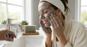 Woman washing her face with a gentle mattifying bar soap to reduce excess skin oil and shine