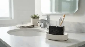 An acne bar soap resting on a stylish ceramic dish in a bright American bathroom.