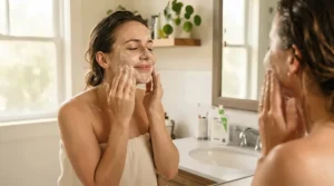 Woman washing her face with acne soap for adult hormonal acne in a modern bathroom