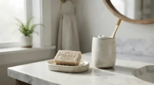 Dermatologist-recommended acne soap for adult hormonal acne on a marble vanity tray
